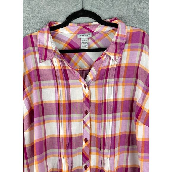 Catherines Top Womens 3X Purple Plaid Button Down Roll Sleeve Tunic Cottagecore - Picture 2 of 13